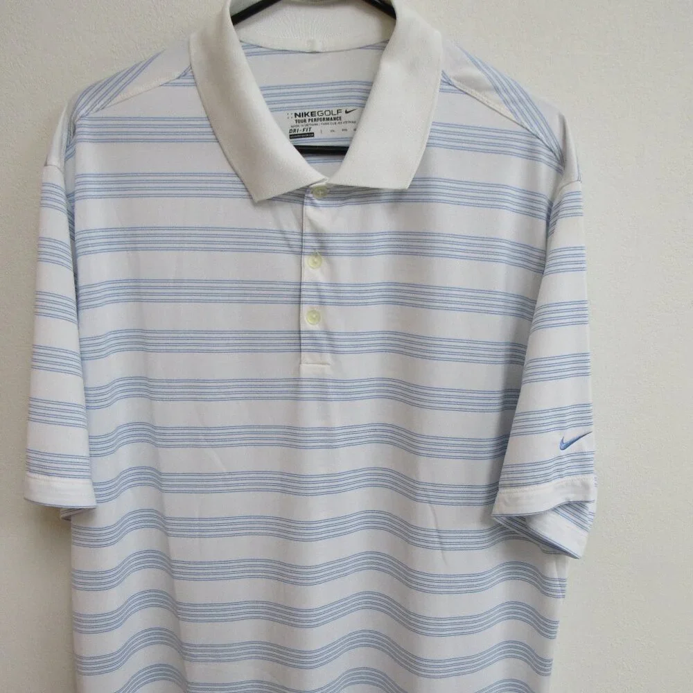 Nike‎ Golf Tour Performance Dri-Fit White with Blue Stripe S/S Polo Shirt 2XL